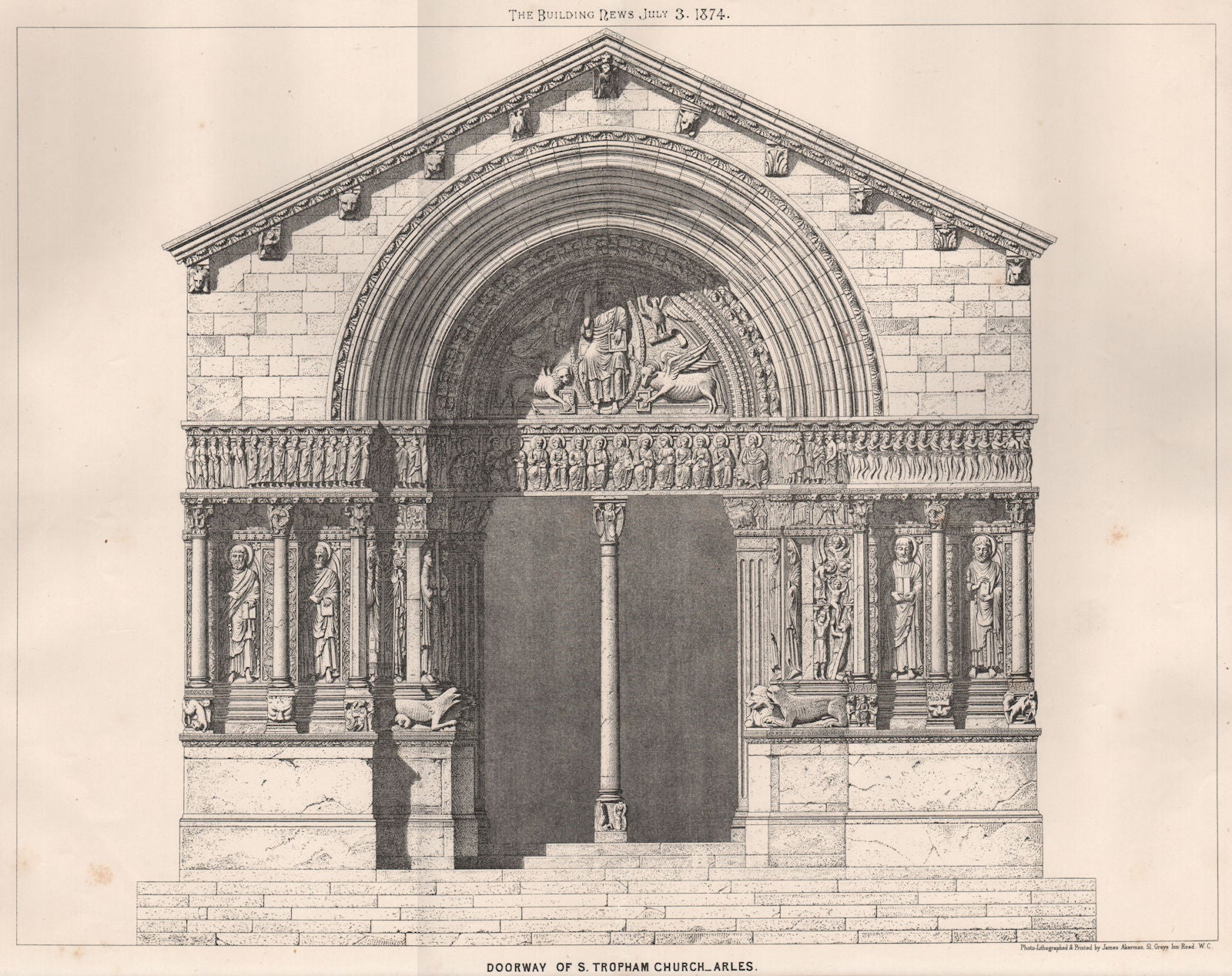 Doorway of St. Tropham Church, Arles. Bouches-du-Rhône 1874 old antique print